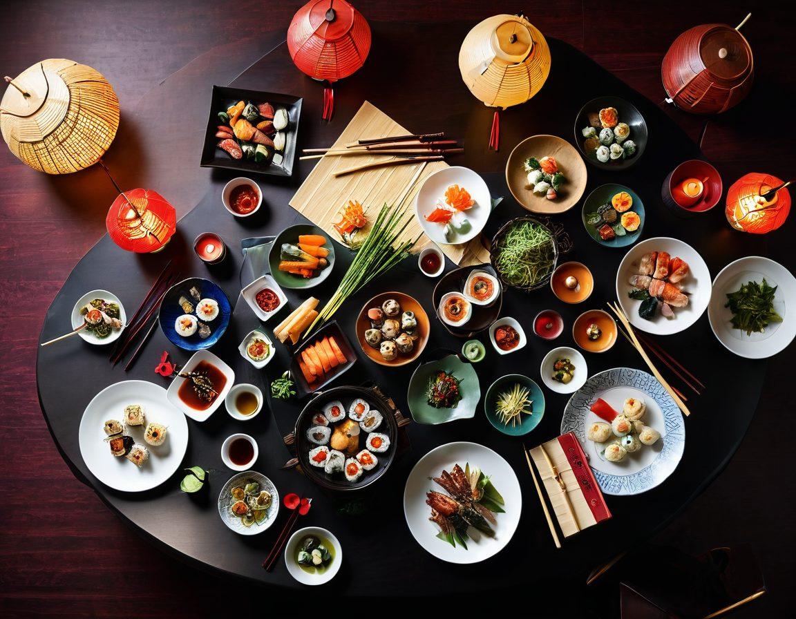 A beautifully arranged table filled with various Asian dishes, showcasing sushi, dim sum, and other chopstick-able delicacies. The table is adorned with colorful chopsticks, fresh ingredients, and delicate garnishes, creating an appetizing scene. A light, inviting atmosphere with soft natural lighting enhances the vibrant colors of the food. Include elements of traditional Asian décor in the background to highlight the cultural diversity. vibrant colors. super-realistic.