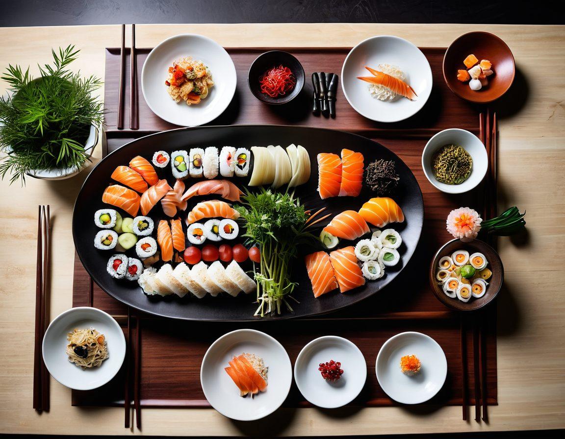 A beautifully arranged dining table featuring a variety of traditional Asian dishes, each artfully placed with a pair of intricate chopsticks beside them. An elegant hand skillfully holding the chopsticks, poised to pick up sushi or noodles, while a soft, warm light illuminates the scene. Include decorative elements like bamboo plants and ceramic bowls for authenticity. super-realistic. warm colors. minimalist setting.