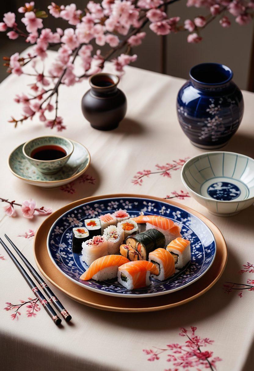 An elegant dining table set with traditional Asian tableware, featuring a pair of ornate chopsticks placed beside an intricately designed plate of sushi. The background showcases delicate cherry blossom branches, emphasizing a serene atmosphere. Soft, ambient lighting highlights the textures of the tablecloth and dish, creating a warm and inviting scene. super-realistic. vibrant colors. soft lighting.